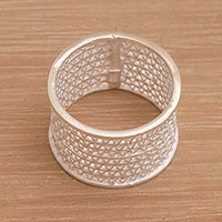 Sterling silver filigree band ring, 'Javanese Passage' - Indonesian Artisan Crafted Wide Sterling Silver Band Ring