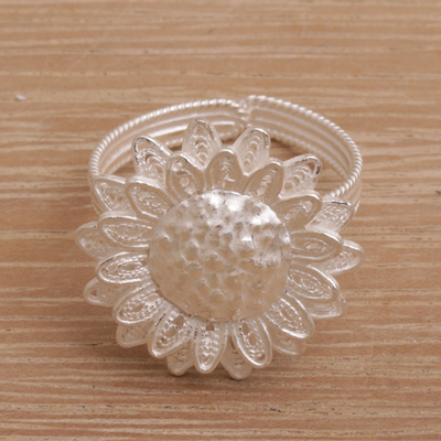 Sterling silver filigree wrap ring, 'Fields of Sun' - Javanese Sterling Silver Wrap Ring with Sunflower Motif