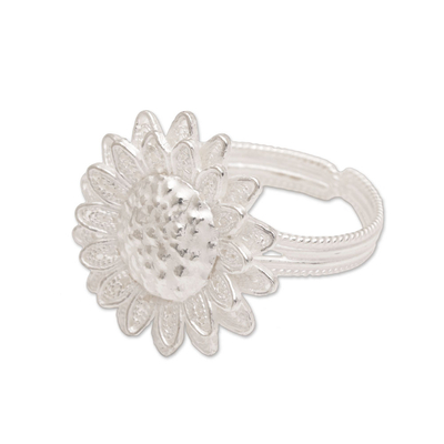 Sterling silver filigree wrap ring, 'Fields of Sun' - Javanese Sterling Silver Wrap Ring with Sunflower Motif