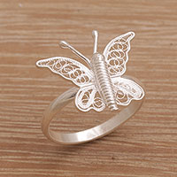 Sterling silver filigree cocktail ring, 'Butterfly View' - Indonesian Handmade Sterling Silver Butterfly Cocktail Ring