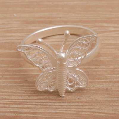 Sterling silver filigree cocktail ring, 'Butterfly View' - Indonesian Handmade Sterling Silver Butterfly Cocktail Ring