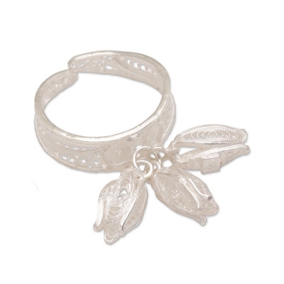 Sterling silver filigree wrap charm ring, 'Lace Tulips' - Sterling Silver Filigree Wrap Ring with Floral Charms