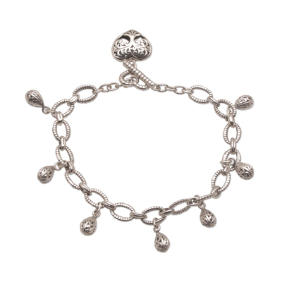 Sterling Silver Heart and Drop Openwork Charm Bracelet