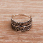 Sterling silver band ring, 'Focused Feather' - Handmade 925 Sterling Silver Feather Cocktail Ring