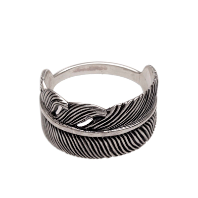 Sterling silver band ring, 'Focused Feather' - Handmade 925 Sterling Silver Feather Cocktail Ring