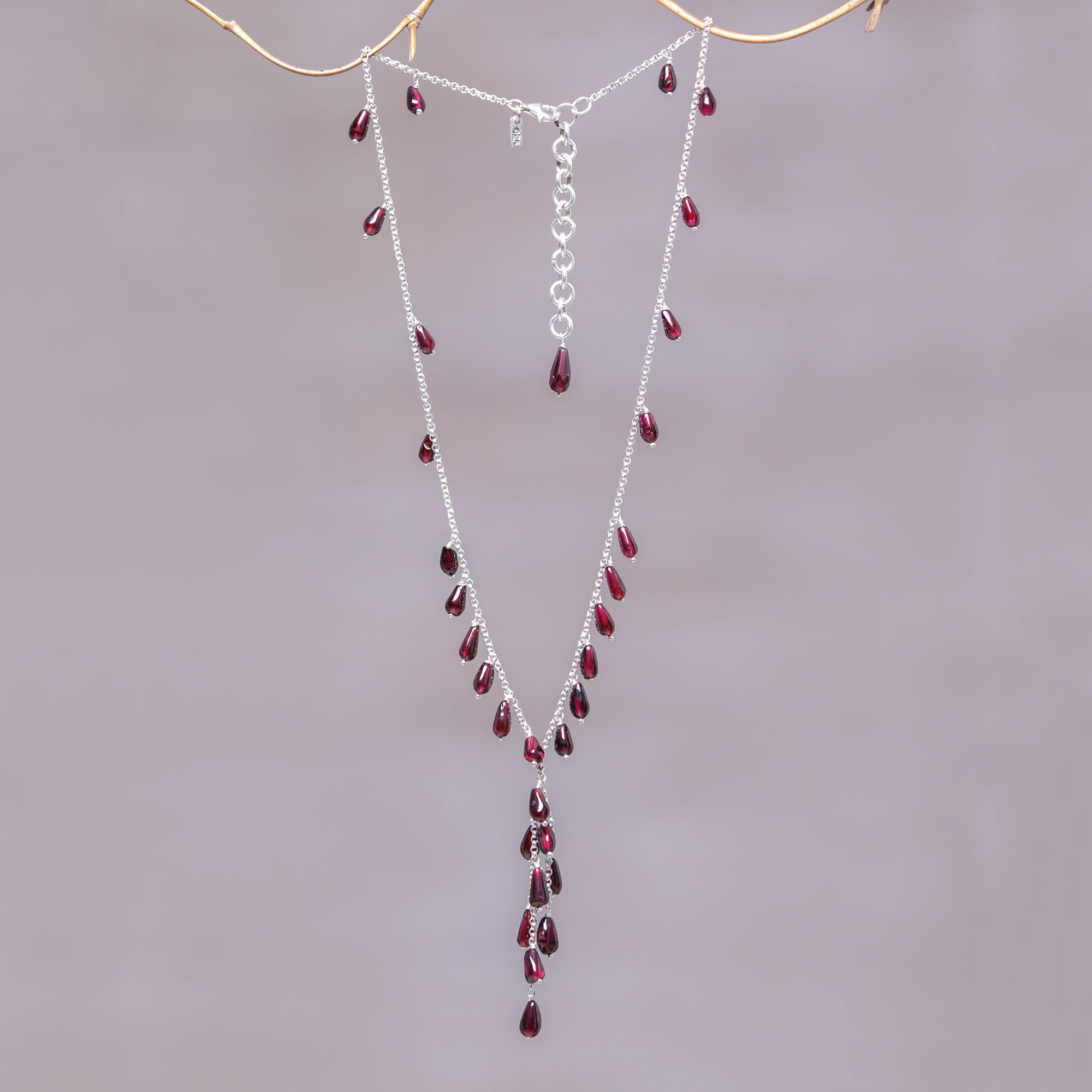 Handmade Garnet And Sterling Silver Y Necklace From Bali Crimson Sterling Silver Y Necklace From Bali