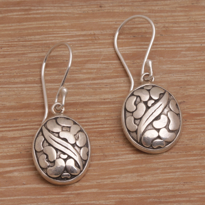 Sterling silver dangle earrings 'Pebbles & Leaf' - Handmade 925 Sterling Silver Oval Earrings Indonesia