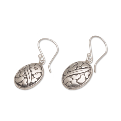 Sterling silver dangle earrings, 'Pebbles & Leaf' - Handmade 925 Sterling Silver Oval Earrings Indonesia