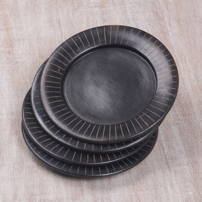 Terracotta luncheon plates, 'Radiate' (set of 4) - Handcrafted Black Luncheon Plates Etched Rims (Set of 4)