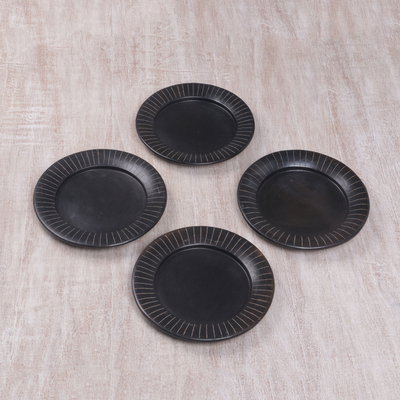 Terracotta luncheon plates, 'Radiate' (set of 4) - Handcrafted Black Luncheon Plates Etched Rims (Set of 4)