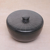 Ceramic lidded serving bowl, 'Lombok Path' - Indonesian Hand Crafted Black Terracotta Ceramic Lidded Bowl