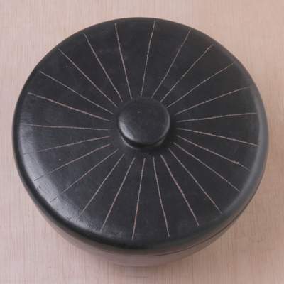 Ceramic lidded serving bowl, 'Lombok Path' - Indonesian Hand Crafted Black Terracotta Ceramic Lidded Bowl