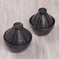 Ceramic lidded bowls, 'Lombok Lines' (pair) - Indonesian Black Ceramic Bowls with Cone Shaped Lids (Pair)
