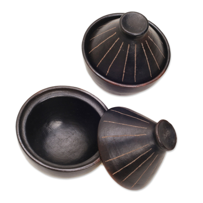 Ceramic lidded bowls, 'Lombok Lines' (pair) - Indonesian Black Ceramic Bowls with Cone Shaped Lids (Pair)