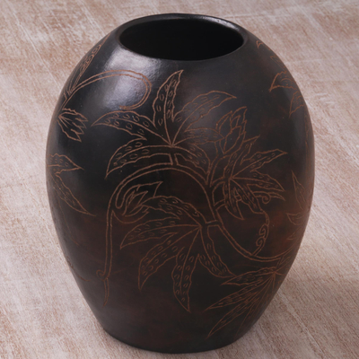 Decorative terracotta vase, 'Coconut Vibe' - Handcrafted Decorative Coconut Motif Etched Terracotta Vase