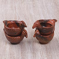 Terracotta egg cups, 'Hens' Treasure' (set of 4) - Set of 4 Handcrafted Terracotta Hen Egg Cups in Brown