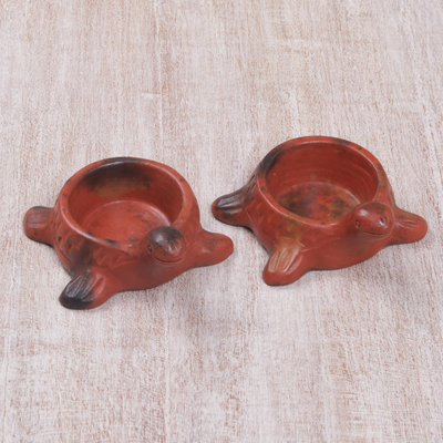 Terracotta tealight candle holders, 'Lombok Turtles' (pair) - Terracotta Tealight Candle Holders in Turtle Shapes (Pair)