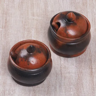 Ceramic sugar bowls, 'Sweet Lombok' (pair) - Pair of Ceramic Sugar Bowls Handcrafted in Indonesia