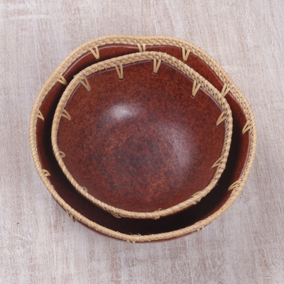 Cuencos de cerámica para aperitivos, (par) - Cuencos de cerámica y hojas de pandan tejidos (par)
