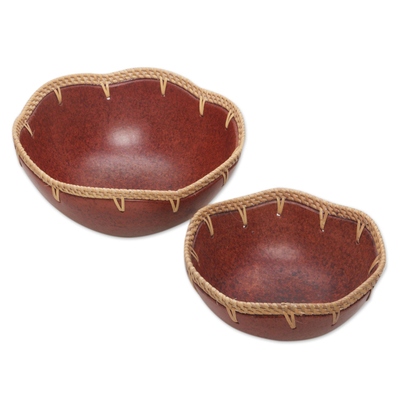 Ceramic snack bowls, 'Sunda Sunset' (pair) - Ceramic and Woven Pandan Leaf Bowls (Pair)