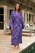 Batik-Robe aus Viskose - Lila-blauer Batik-Druck, langärmelige Viskose-Robe mit Gürtel