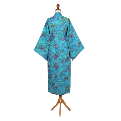 Batik rayon robe, 'Ocean Eden' - Turquoise Batik Long Sleeved Rayon Robe with Belt