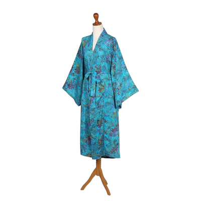 Batik rayon robe, 'Ocean Eden' - Turquoise Batik Long Sleeved Rayon Robe with Belt