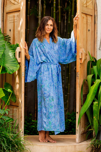 Batik rayon robe, 'Ubud Grove' - Green and Blue Batik Print Long Sleeved Rayon Robe with Belt