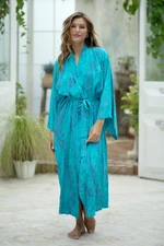 Batik rayon robe, 'Floral Breeze' - Blue and Green Batik Print Long Sleeved Rayon Robe with Belt