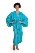 Batik rayon robe, 'Floral Breeze' - Blue and Green Batik Print Long Sleeved Rayon Robe with Belt
