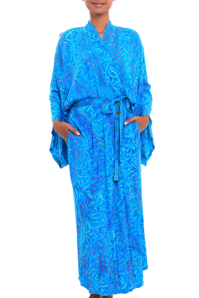 Batik rayon robe, 'Floral Breeze' - Blue and Green Batik Print Long Sleeved Rayon Robe with Belt