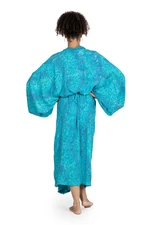 Batik rayon robe, 'Floral Breeze' - Blue and Green Batik Print Long Sleeved Rayon Robe with Belt