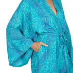 Batik rayon robe, 'Floral Breeze' - Blue and Green Batik Print Long Sleeved Rayon Robe with Belt