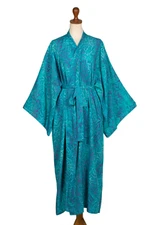 Batik rayon robe, 'Floral Breeze' - Blue and Green Batik Print Long Sleeved Rayon Robe with Belt