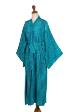 Batik rayon robe, 'Floral Breeze' - Blue and Green Batik Print Long Sleeved Rayon Robe with Belt