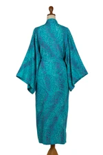 Batik rayon robe, 'Floral Breeze' - Blue and Green Batik Print Long Sleeved Rayon Robe with Belt