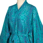 Batik rayon robe, 'Floral Breeze' - Blue and Green Batik Print Long Sleeved Rayon Robe with Belt