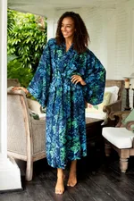 Batik rayon robe, 'Bedugul Dusk' - Navy and Green Batik Print Long Sleeved Rayon Robe with Belt