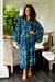 Batik rayon robe, 'Bedugul Dusk' - Navy and Green Batik Print Long Sleeved Rayon Robe with Belt (image 2) thumbail