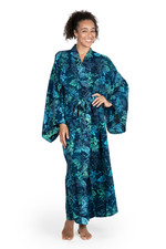 Batik rayon robe, 'Bedugul Dusk' - Navy and Green Batik Print Long Sleeved Rayon Robe with Belt