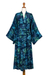 Batik rayon robe, 'Bedugul Dusk' - Navy and Green Batik Print Long Sleeved Rayon Robe with Belt thumbail