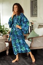 Batik rayon robe, 'Bedugul Dusk' - Navy and Green Batik Print Long Sleeved Rayon Robe with Belt