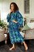 Batik rayon robe, 'Bedugul Dusk' - Navy and Green Batik Print Long Sleeved Rayon Robe with Belt (image 2b) thumbail