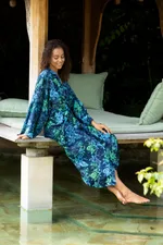 Batik rayon robe, 'Bedugul Dusk' - Navy and Green Batik Print Long Sleeved Rayon Robe with Belt