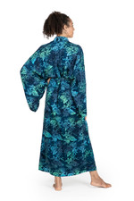 Batik rayon robe, 'Bedugul Dusk' - Navy and Green Batik Print Long Sleeved Rayon Robe with Belt