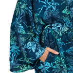 Batik rayon robe, 'Bedugul Dusk' - Navy and Green Batik Print Long Sleeved Rayon Robe with Belt
