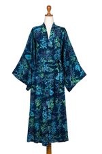 Batik rayon robe, 'Bedugul Dusk' - Navy and Green Batik Print Long Sleeved Rayon Robe with Belt