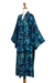 Batik rayon robe, 'Bedugul Dusk' - Navy and Green Batik Print Long Sleeved Rayon Robe with Belt (image 2f) thumbail