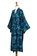 Batik rayon robe, 'Bedugul Dusk' - Navy and Green Batik Print Long Sleeved Rayon Robe with Belt