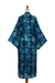 Batik rayon robe, 'Bedugul Dusk' - Navy and Green Batik Print Long Sleeved Rayon Robe with Belt (image 2g) thumbail